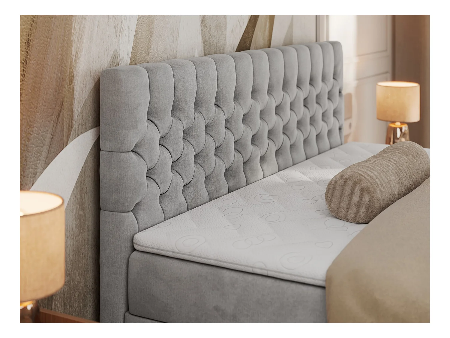 Boxspringbett GRIMALDI mit zwei Bettkästen, gesteppter Kopfstütze, Metallfüßen - 120x200 cm - H4 - Hellgrau Velvet
