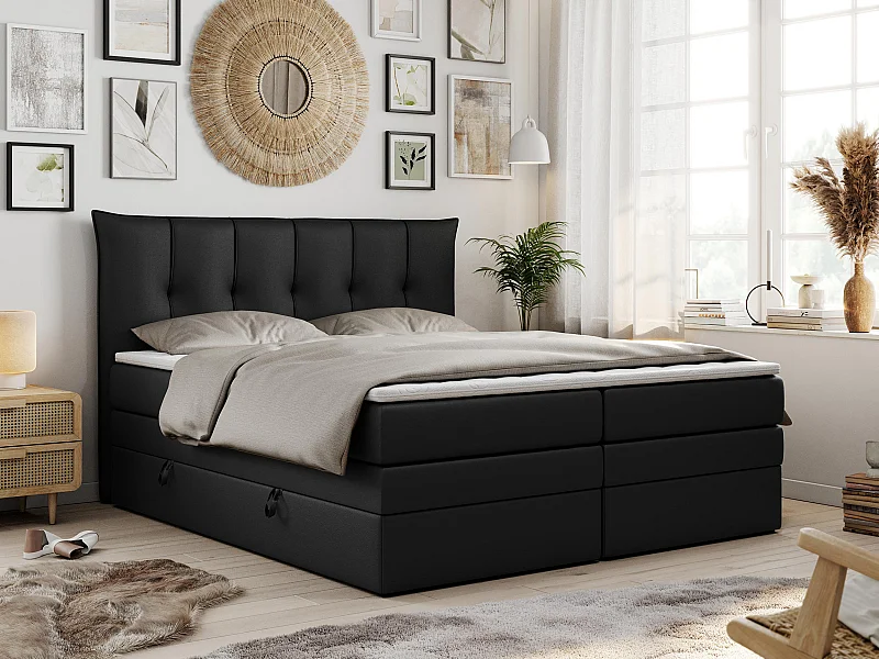 Boxspringbett PREMIUM 10 KING, Doppelbett mit Stauraum, gesteppte Kopfstütze, Multipocket-Matratze - 200x200 cm - H3 - Schwarz Kunstleder