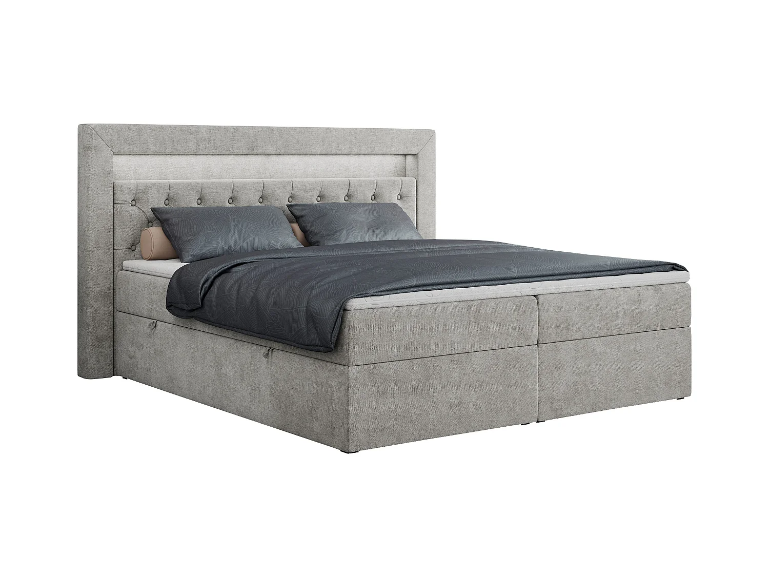 Boxspringbett GOLD 6, Doppelbett mit Stauraum, LED-Beleuchtung, gesteppte Kopfstütze - 120x200 cm - H4 - Hellgrau Strukture
