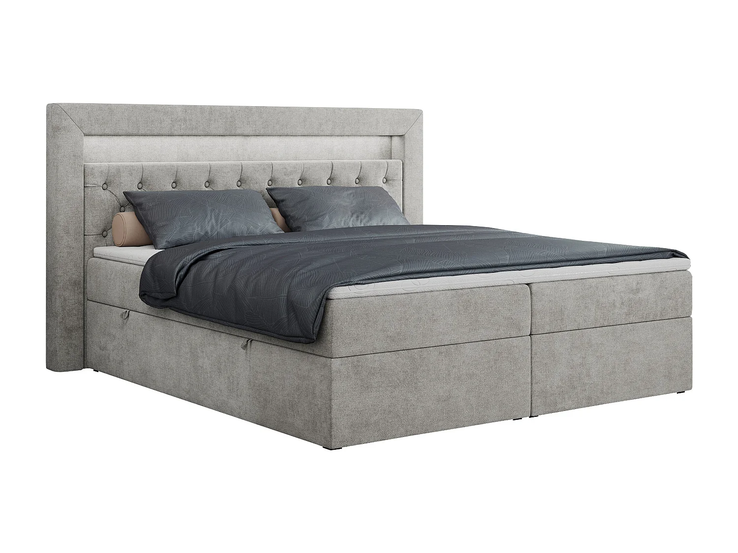 Boxspringbett GOLD 6, Doppelbett mit Stauraum, LED-Beleuchtung, gesteppte Kopfstütze - 120x200 cm - H4 - Hellgrau Strukture