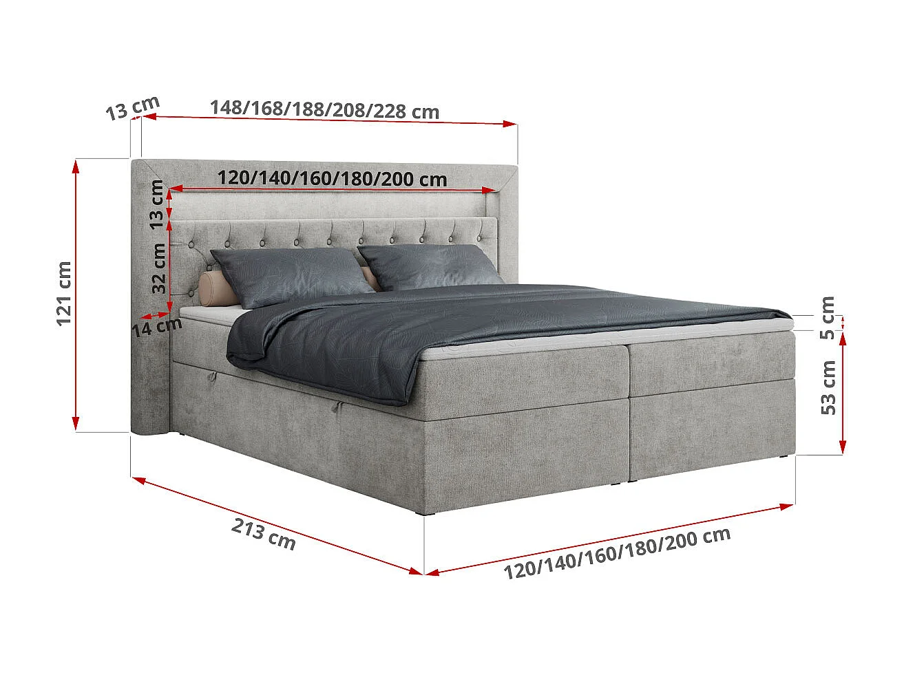 Boxspringbett GOLD 6, Doppelbett mit Stauraum, LED-Beleuchtung, gesteppte Kopfstütze - 120x200 cm - H4 - Hellgrau Strukture