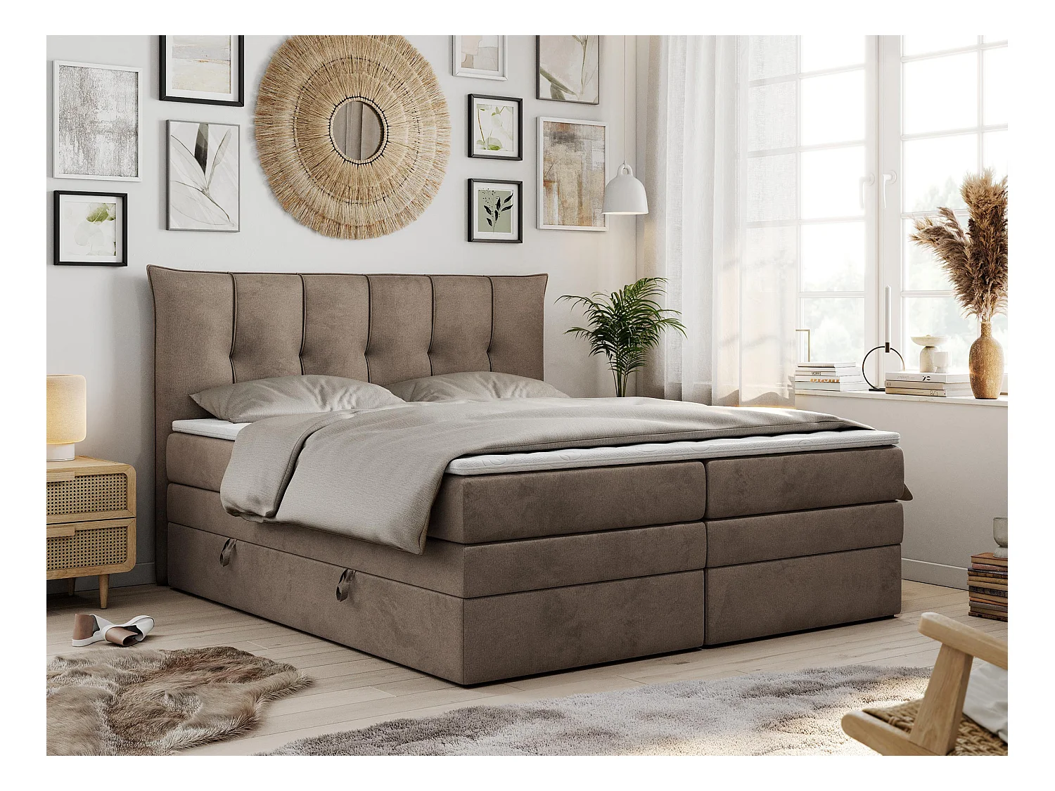 Boxspringbett PREMIUM 10 KING, Doppelbett mit Stauraum, gesteppte Kopfstütze, Multipocket-Matratze - 160x200 cm - H4 - Braun Velvet