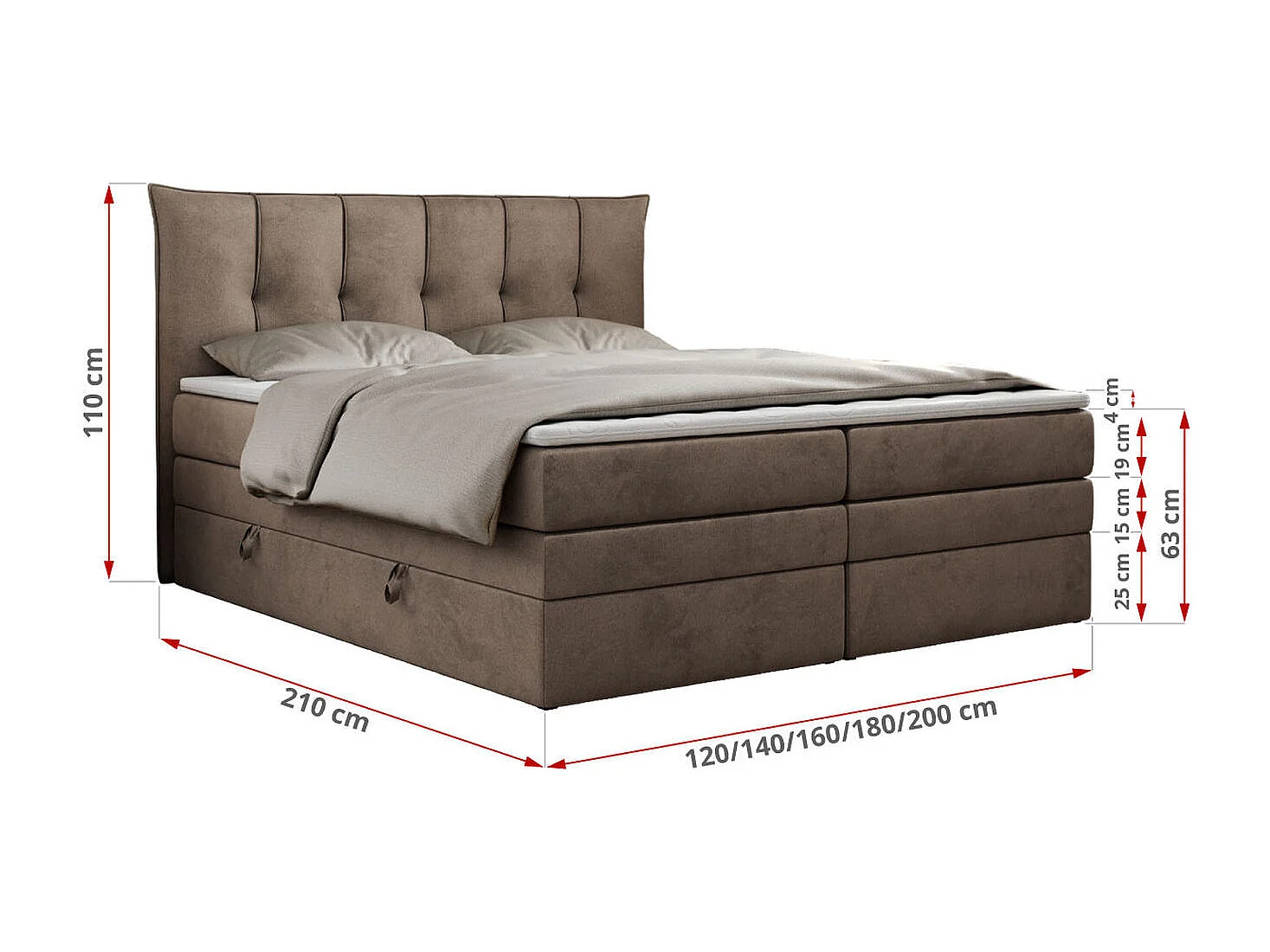 Boxspringbett PREMIUM 10 KING, Doppelbett mit Stauraum, gesteppte Kopfstütze, Multipocket-Matratze - 160x200 cm - H4 - Braun Velvet