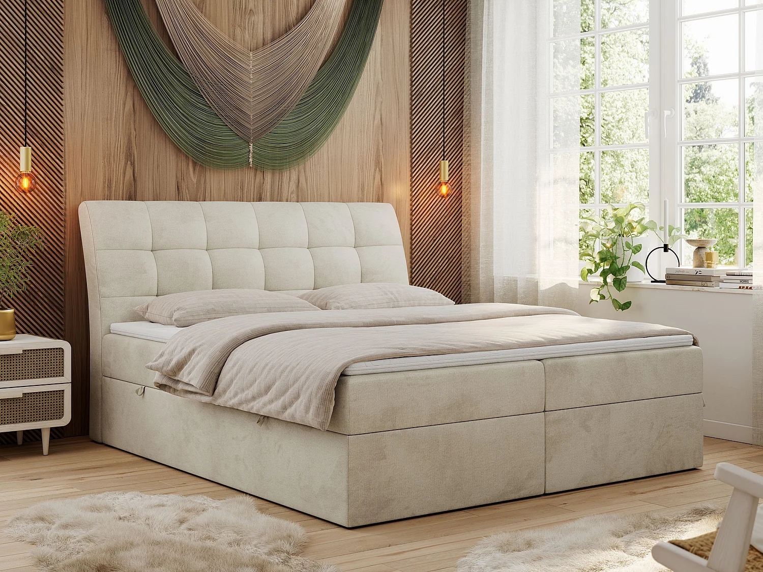 Boxspringbett DIEGOS mit Stauraum, gestepptem Kopfteil, Multipocket-Matratze - 160x200 cm - H3 - Beige Velvet