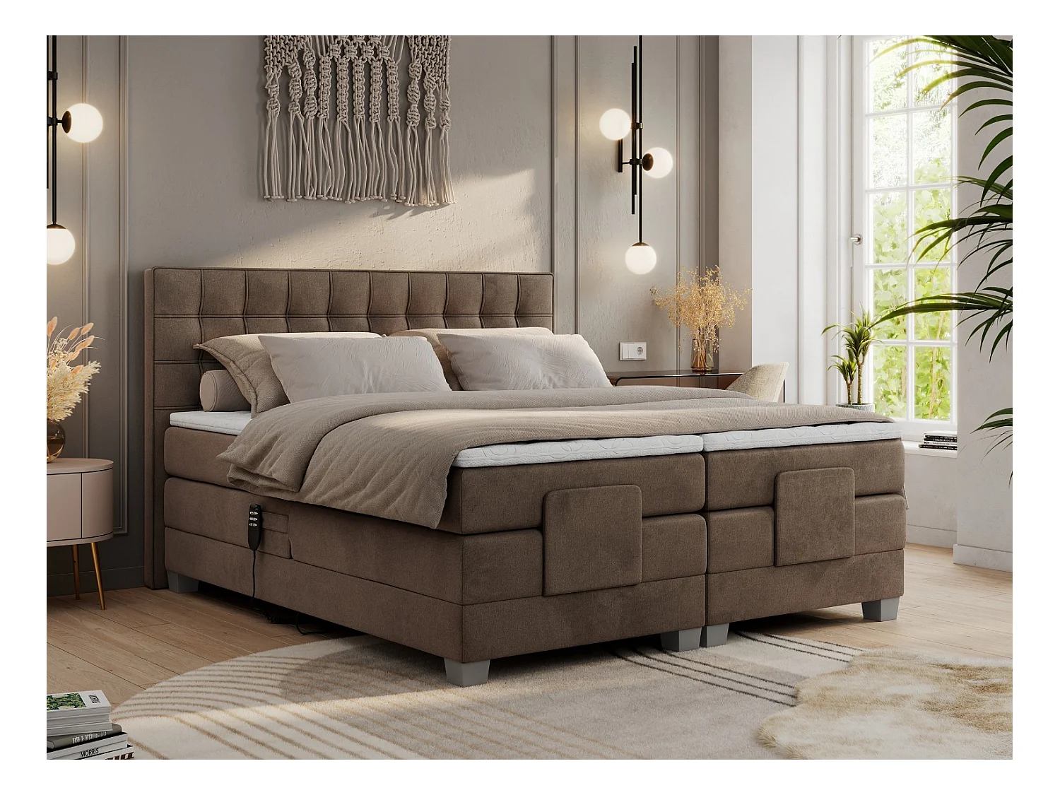 Boxspringbett ELEKTRO mit Multipocket-Matratze, Elektrisch verstellbare, genähtes Kopfteil - 160x200 cm - H4 - Braun Velvet