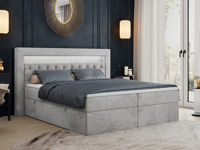 Boxspringbett GOLD 6, Doppelbett mit Stauraum, LED-Beleuchtung, gesteppte Kopfstütze - 120x200 cm - H3 - Hellgrau Velvet