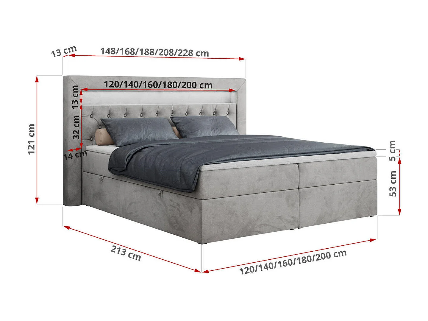 Boxspringbett GOLD 6, Doppelbett mit Stauraum, LED-Beleuchtung, gesteppte Kopfstütze - 120x200 cm - H3 - Hellgrau Velvet