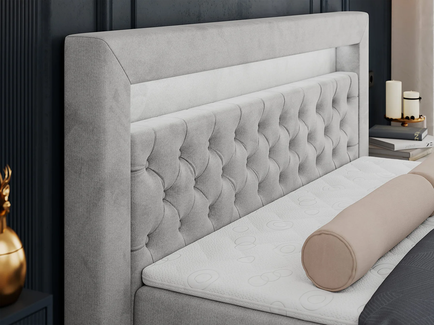 Boxspringbett GOLD 6, Doppelbett mit Stauraum, LED-Beleuchtung, gesteppte Kopfstütze - 120x200 cm - H3 - Hellgrau Velvet