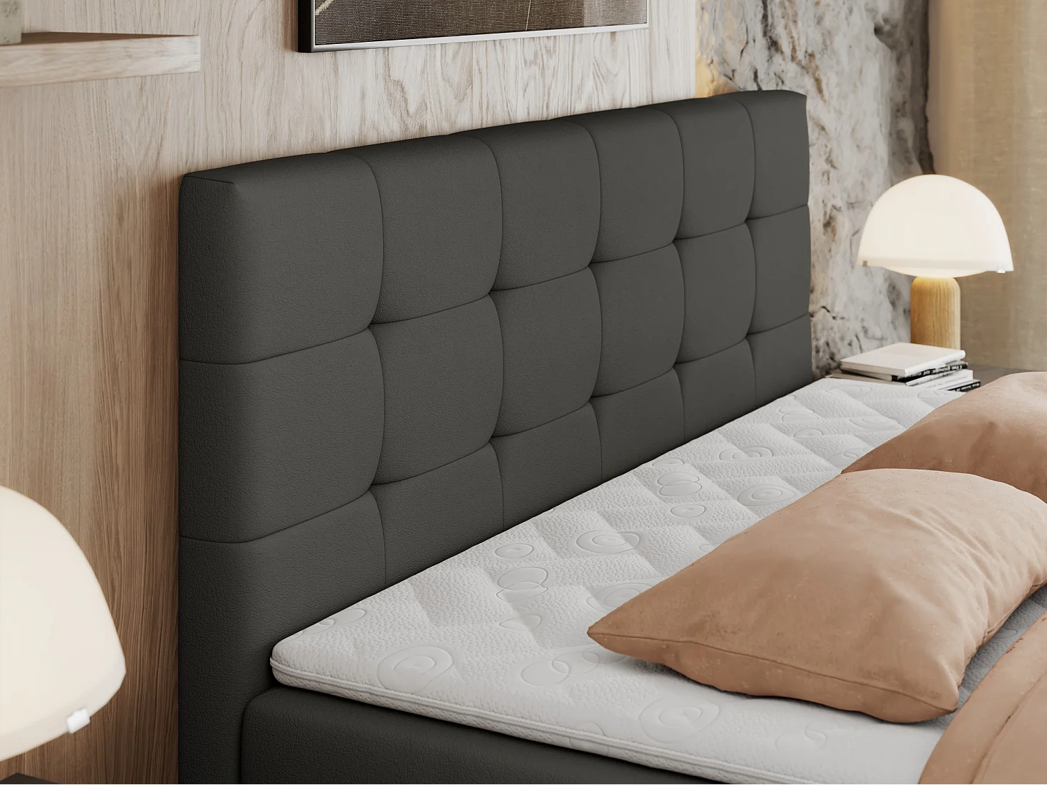 Boxspringbett CENTOS mit gestepptem Kopfteil, Multipocket-Matratze, Doppelbett mit Stauraum - 120x200 cm - H4 - Dunkelgrau Kunstleder