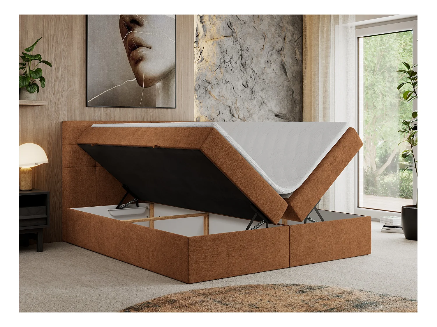 Boxspringbett CENTOS mit gestepptem Kopfteil, Multipocket-Matratze, Doppelbett mit Stauraum - 180x200 cm - H3 - Orange Struktur