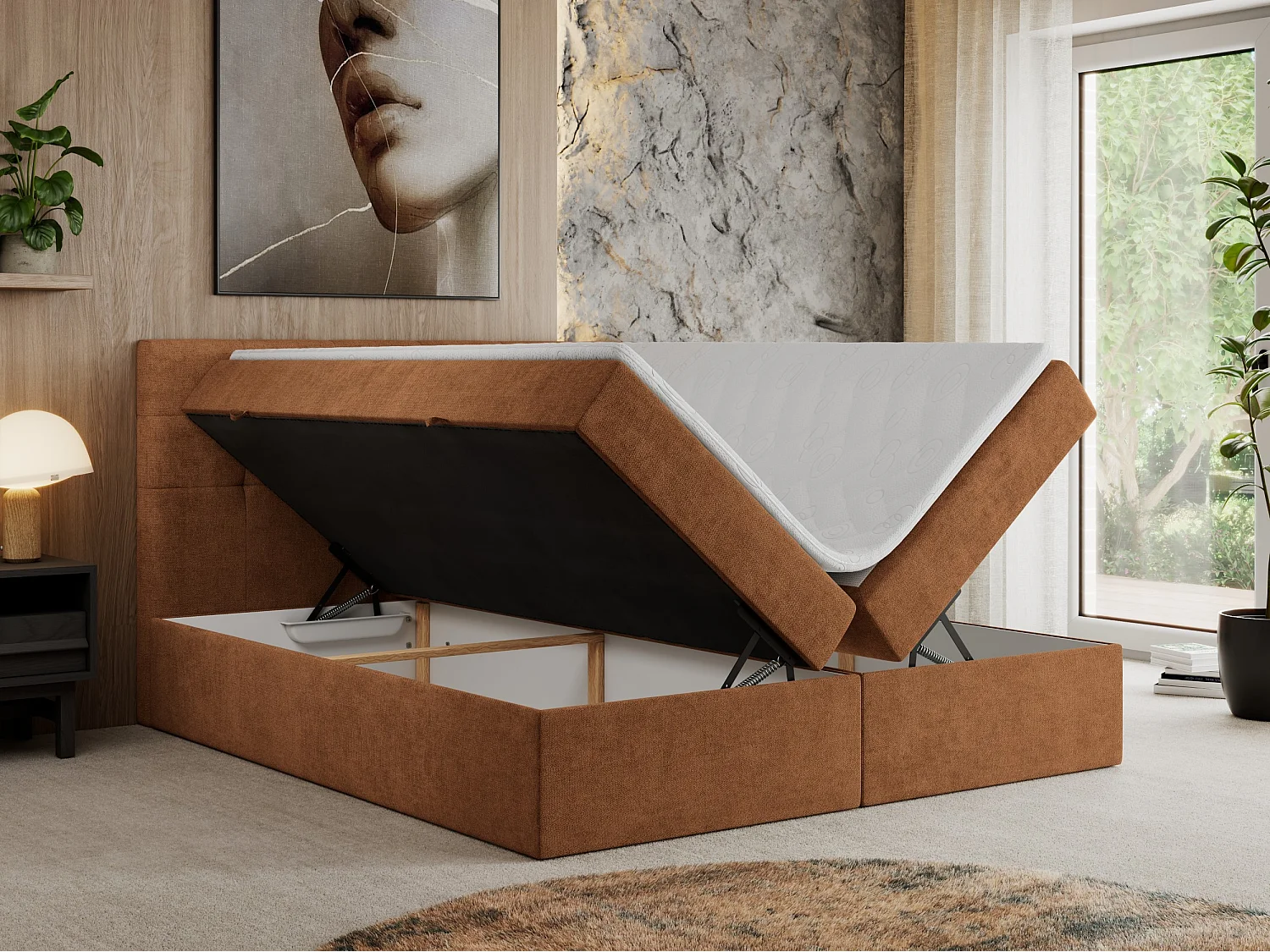 Boxspringbett CENTOS mit gestepptem Kopfteil, Multipocket-Matratze, Doppelbett mit Stauraum - 180x200 cm - H3 - Orange Struktur