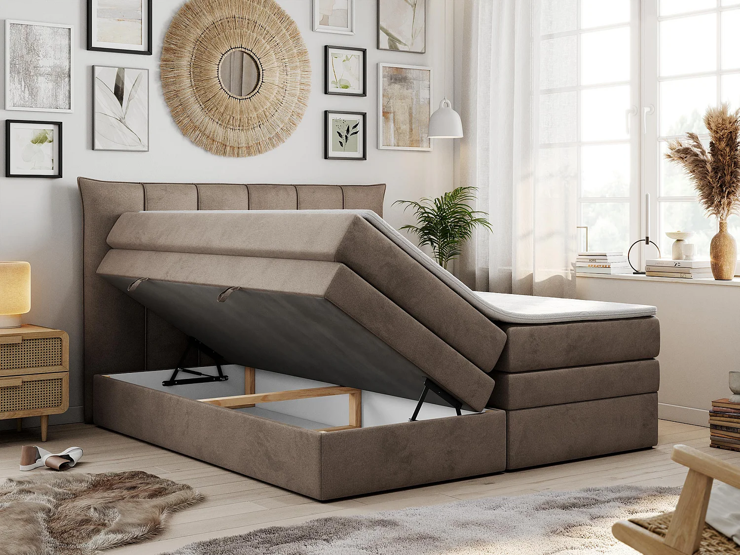 Boxspringbett PREMIUM 10 KING, Doppelbett mit Stauraum, gesteppte Kopfstütze, Multipocket-Matratze - 140x200 cm - H4 - Braun Velvet