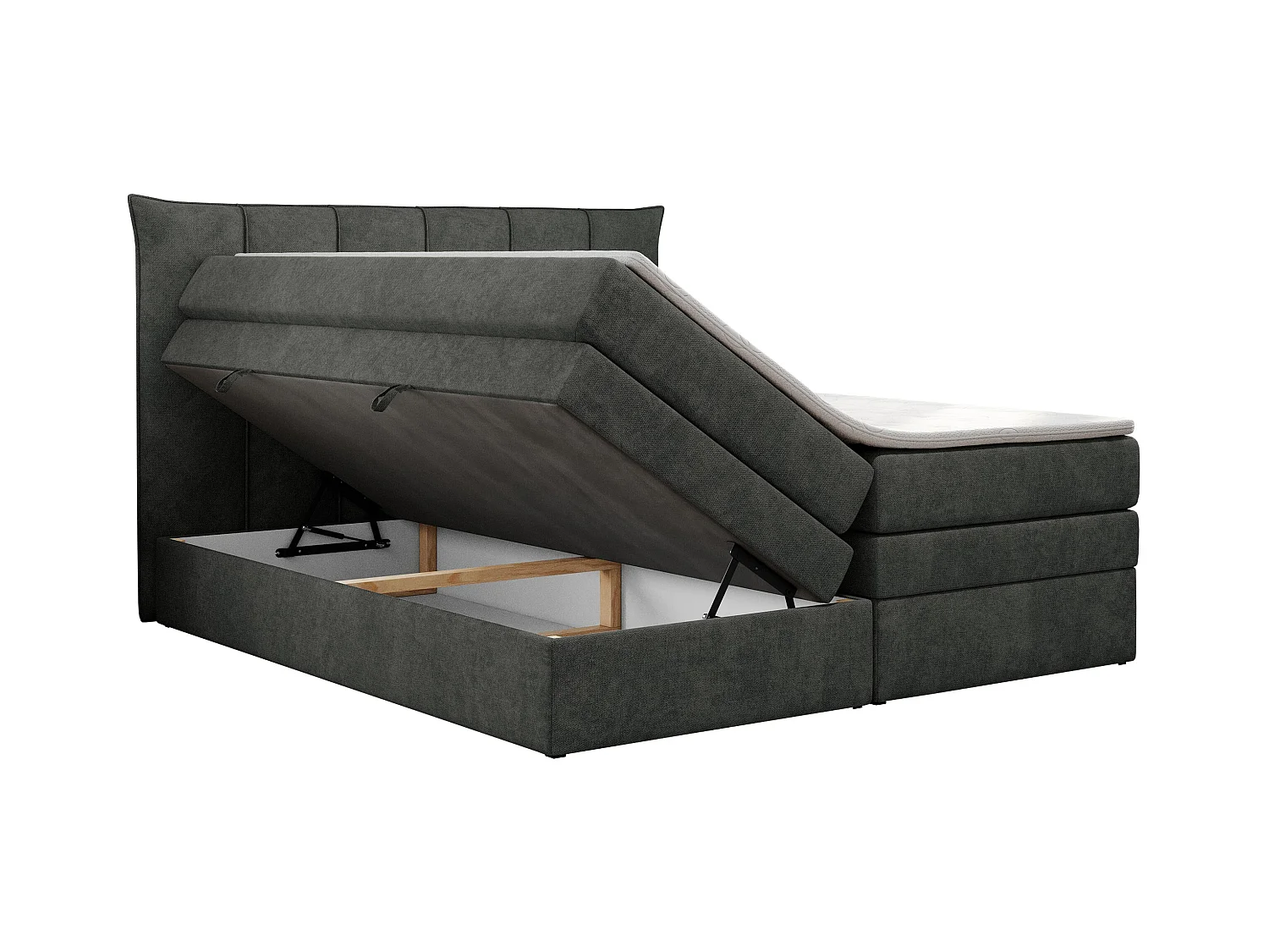 Boxspringbett PREMIUM 10 KING, Doppelbett mit Stauraum, gesteppte Kopfstütze, Multipocket-Matratze - 120x200 cm - H4 - Dunkelgrau Strukture