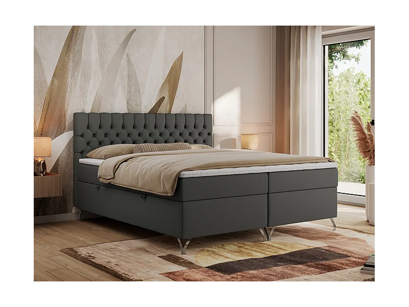 Boxspringbett GRIMALDI mit zwei Bettkästen, gesteppter Kopfstütze, Metallfüßen - 160x200 cm - H3 - Dunkelgrau Kunstleder