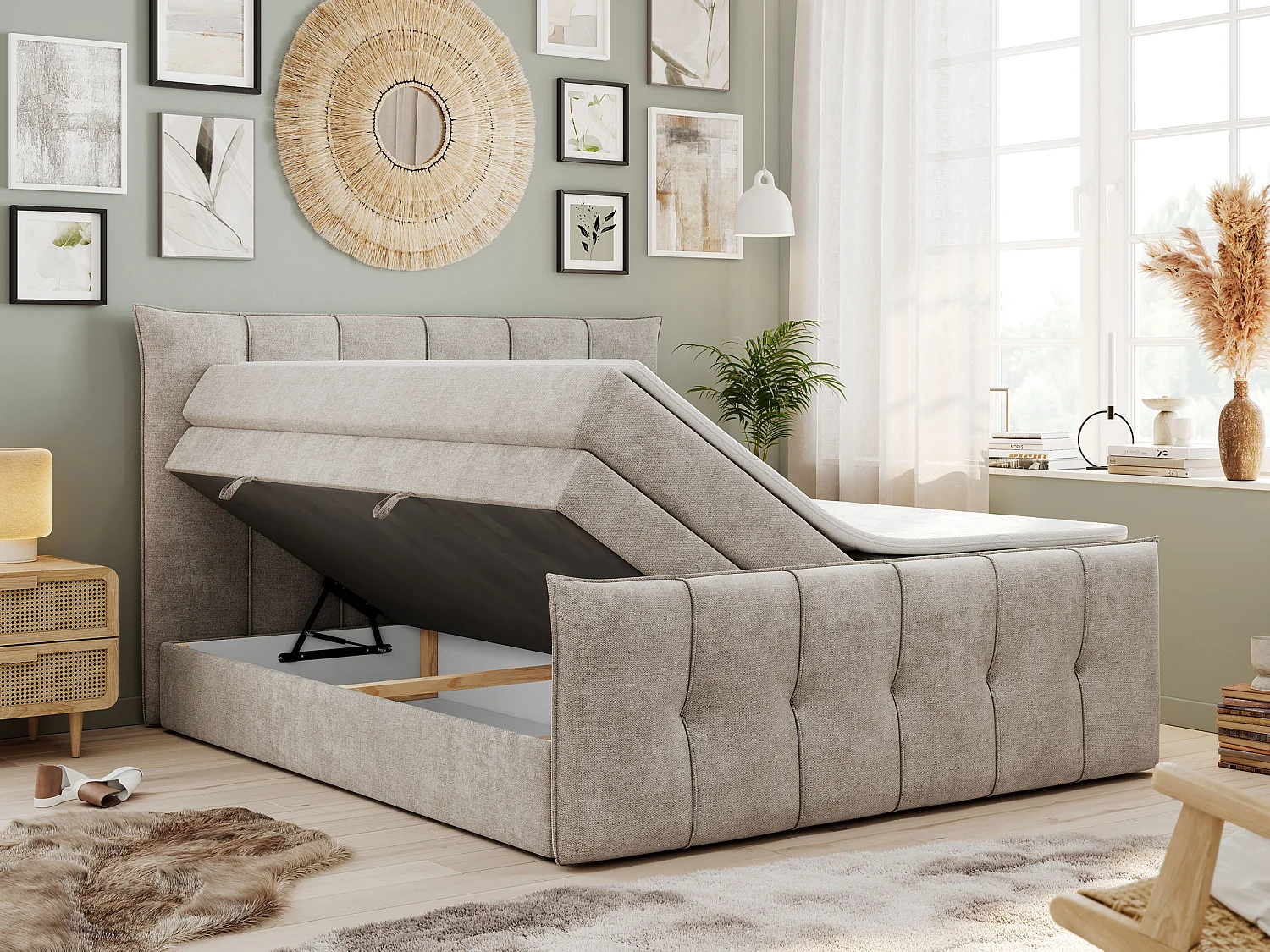 Boxspringbett PREMIUM 11 KING mit Stauraum, gestepptes Kopfteil, zwei Multipocket-Matratzen - 160x200 cm - H4 - Beige Strukture