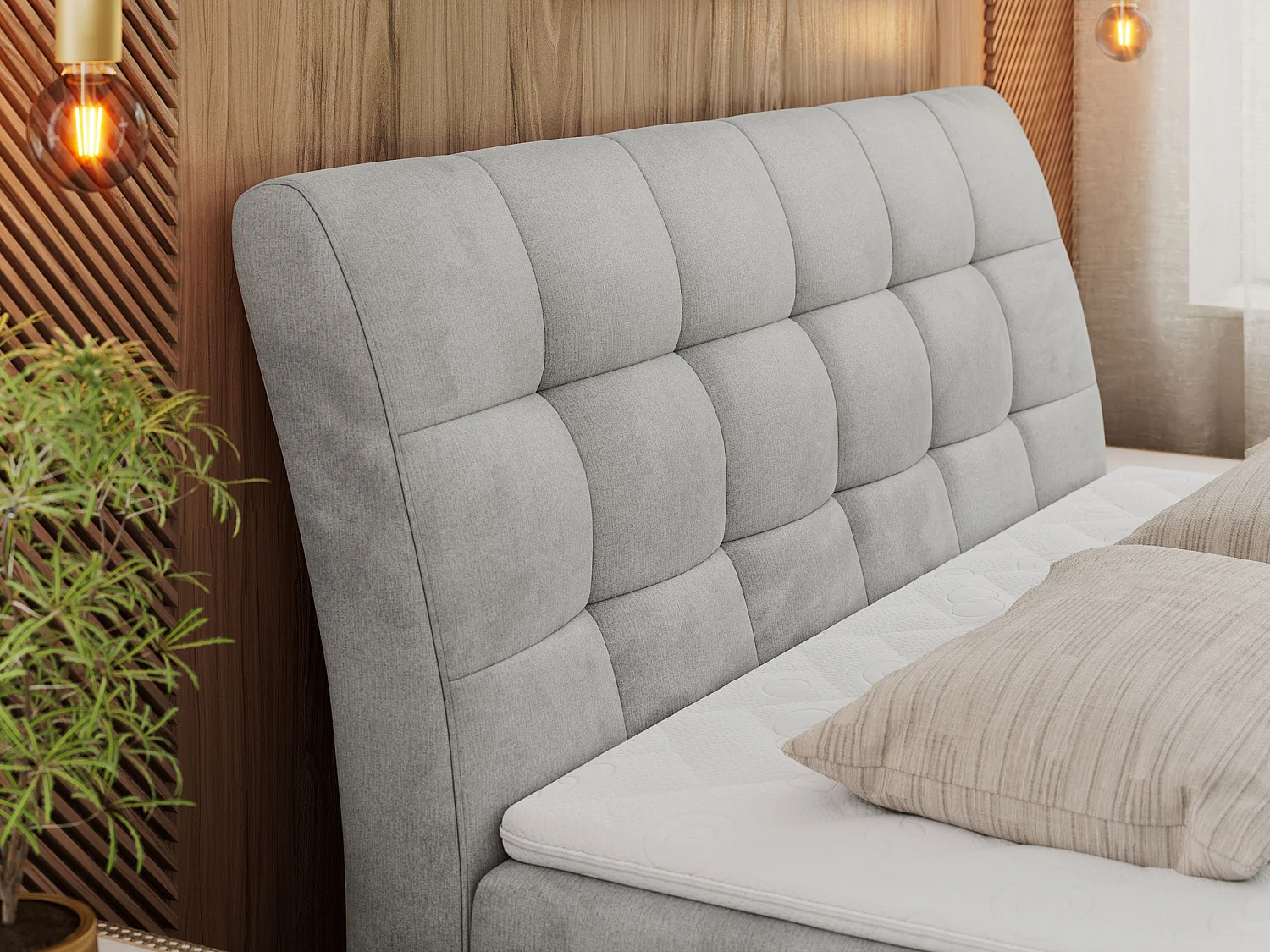 Boxspringbett DIEGOS mit Stauraum, gestepptem Kopfteil, Multipocket-Matratze - 200x200 cm - H4 - Hellgrau Velvet