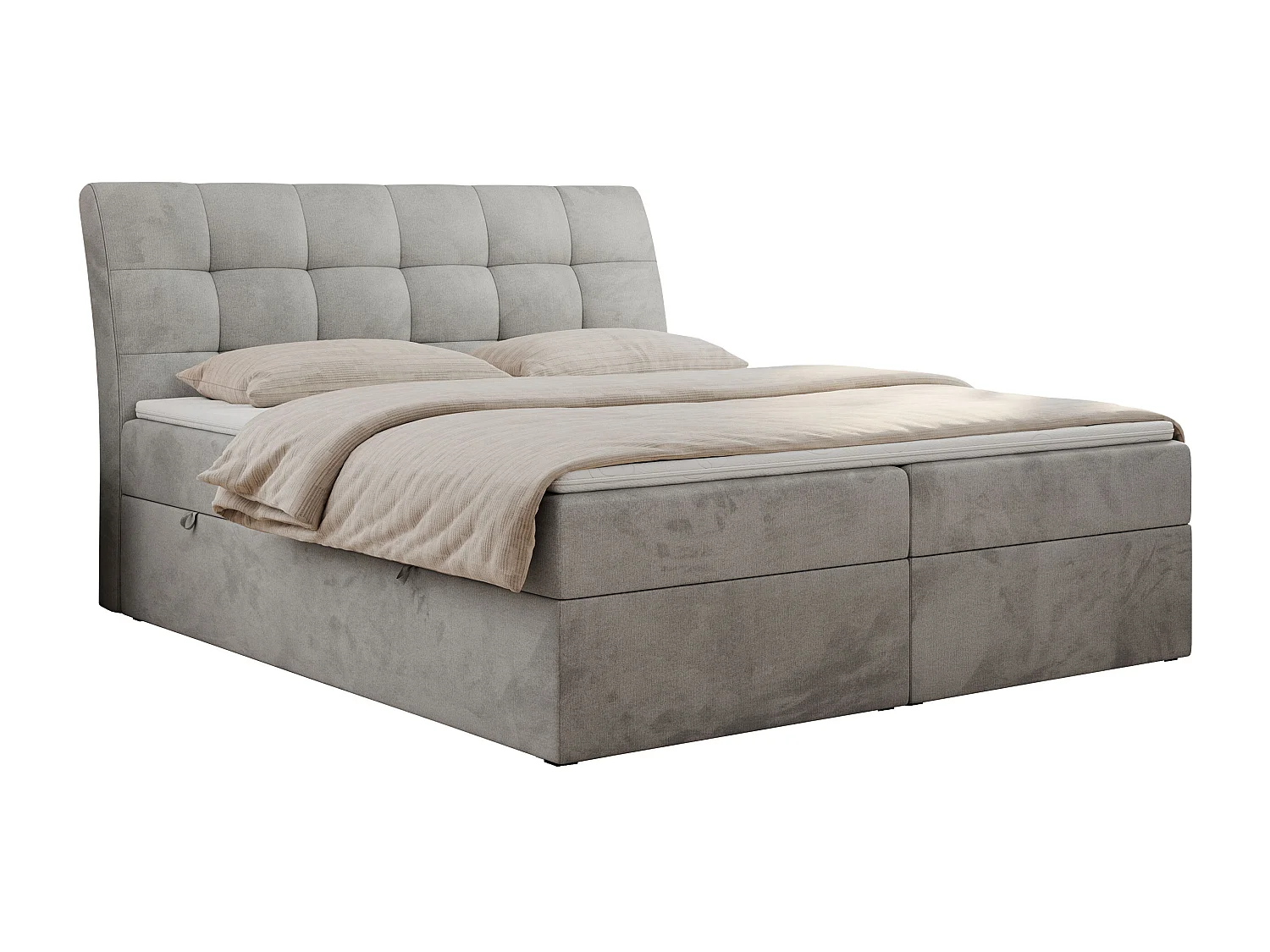 Boxspringbett DIEGOS mit Stauraum, gestepptem Kopfteil, Multipocket-Matratze - 200x200 cm - H4 - Hellgrau Velvet