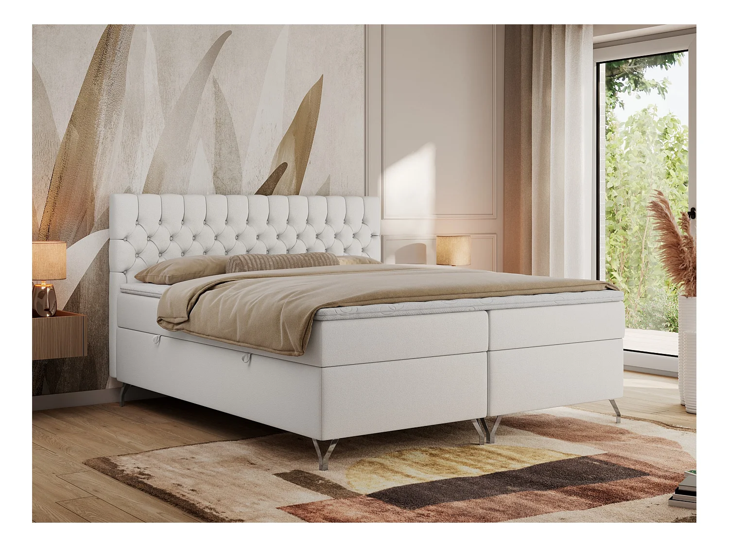 Boxspringbett GRIMALDI mit zwei Bettkästen, gesteppter Kopfstütze, Metallfüßen - 160x200 cm - H3 - Weiß Kunstleder