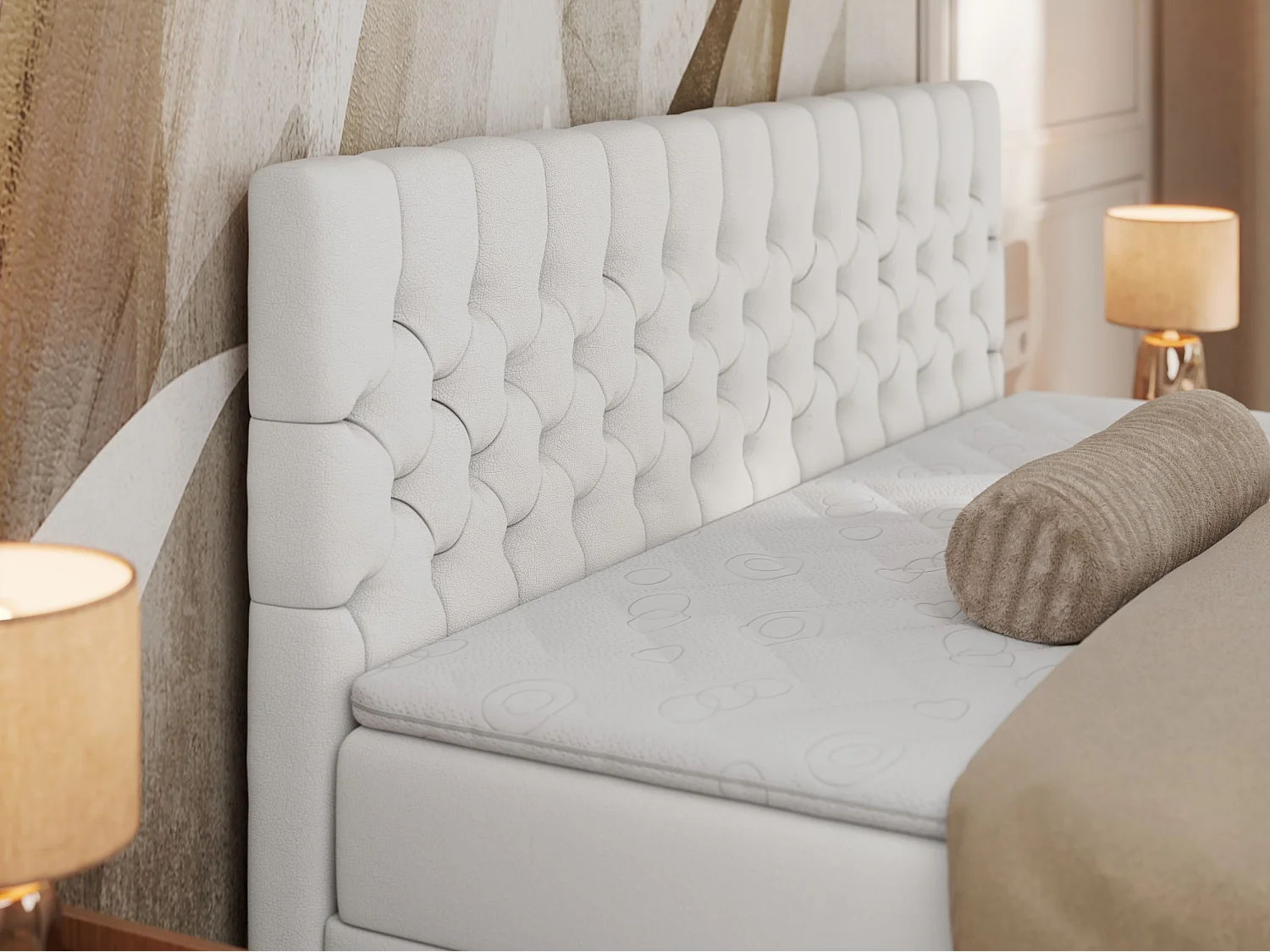 Boxspringbett GRIMALDI mit zwei Bettkästen, gesteppter Kopfstütze, Metallfüßen - 160x200 cm - H3 - Weiß Kunstleder