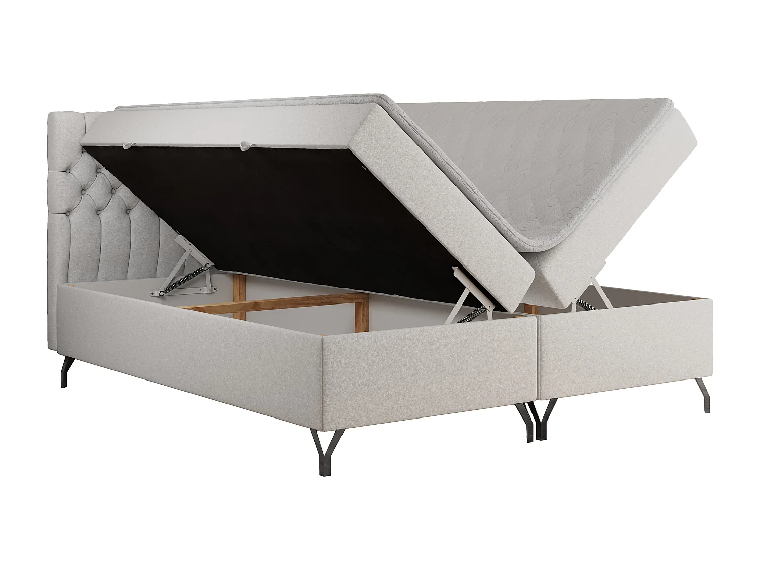 Boxspringbett GRIMALDI mit zwei Bettkästen, gesteppter Kopfstütze, Metallfüßen - 160x200 cm - H3 - Weiß Kunstleder