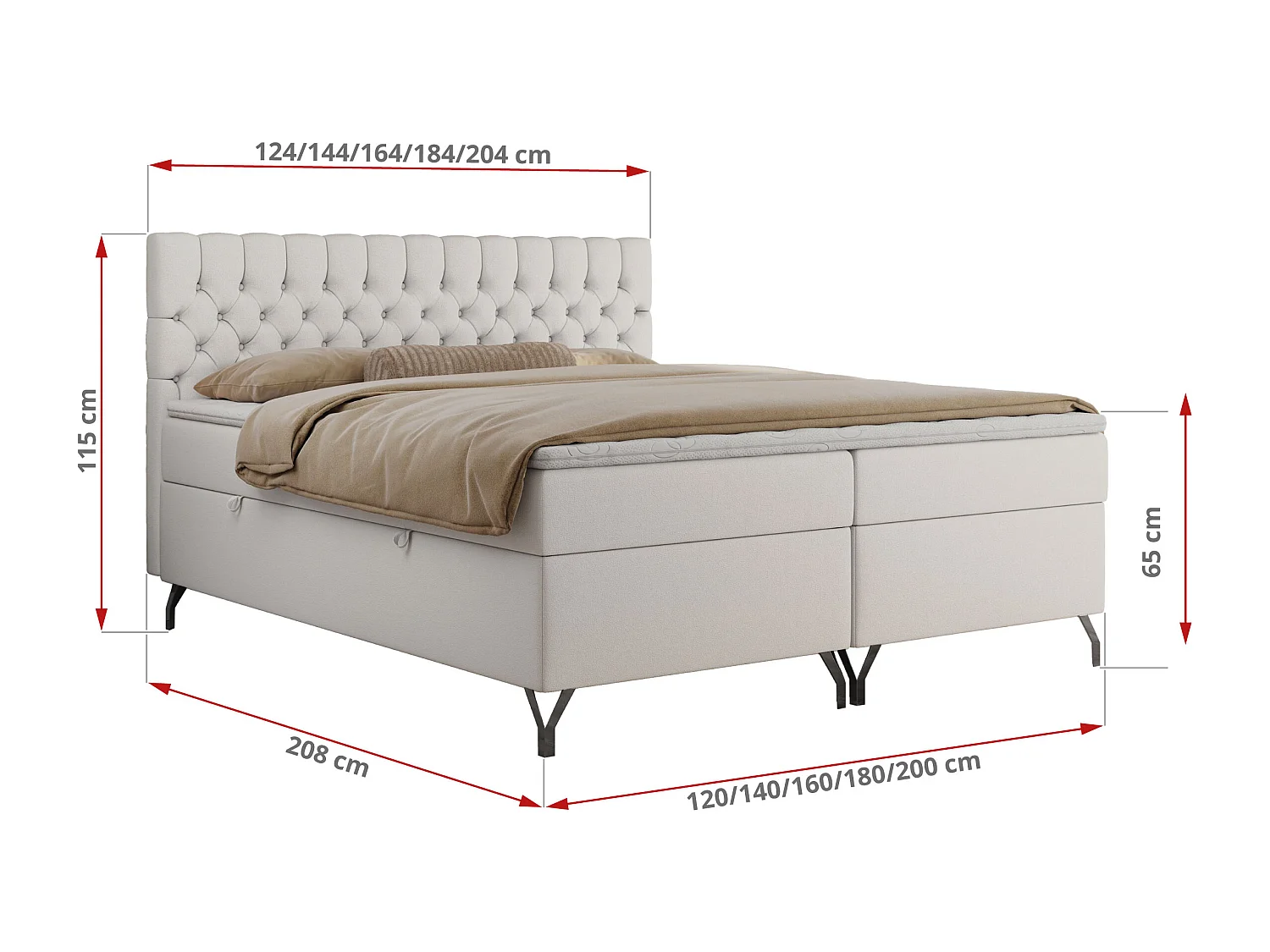 Boxspringbett GRIMALDI mit zwei Bettkästen, gesteppter Kopfstütze, Metallfüßen - 160x200 cm - H3 - Weiß Kunstleder