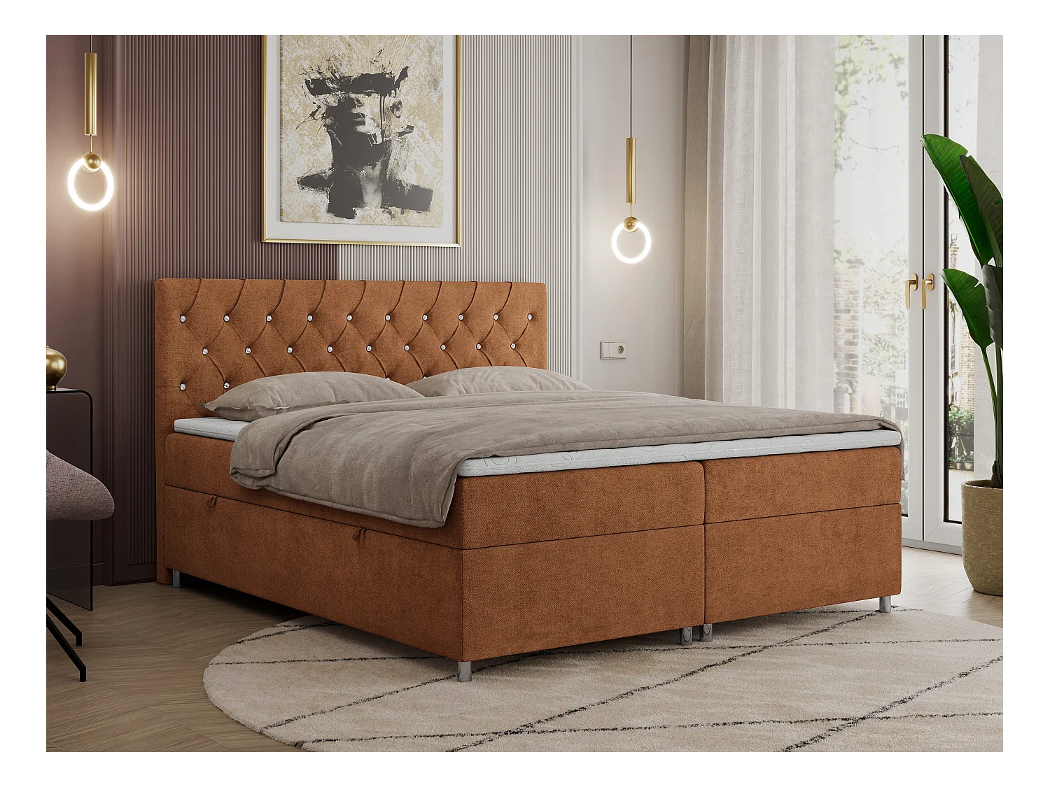 Boxspringbett ROMA mit gestepptem Kopfteil, Multipocket-Matratze, dekorative Füße - 140x200 cm - H3 - Orange Strukture