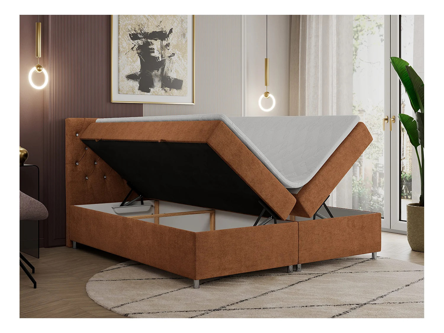 Boxspringbett ROMA mit gestepptem Kopfteil, Multipocket-Matratze, dekorative Füße - 140x200 cm - H3 - Orange Strukture