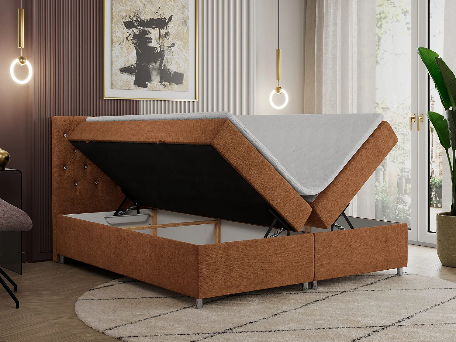 Boxspringbett ROMA mit gestepptem Kopfteil, Multipocket-Matratze, dekorative Füße - 140x200 cm - H3 - Orange Strukture