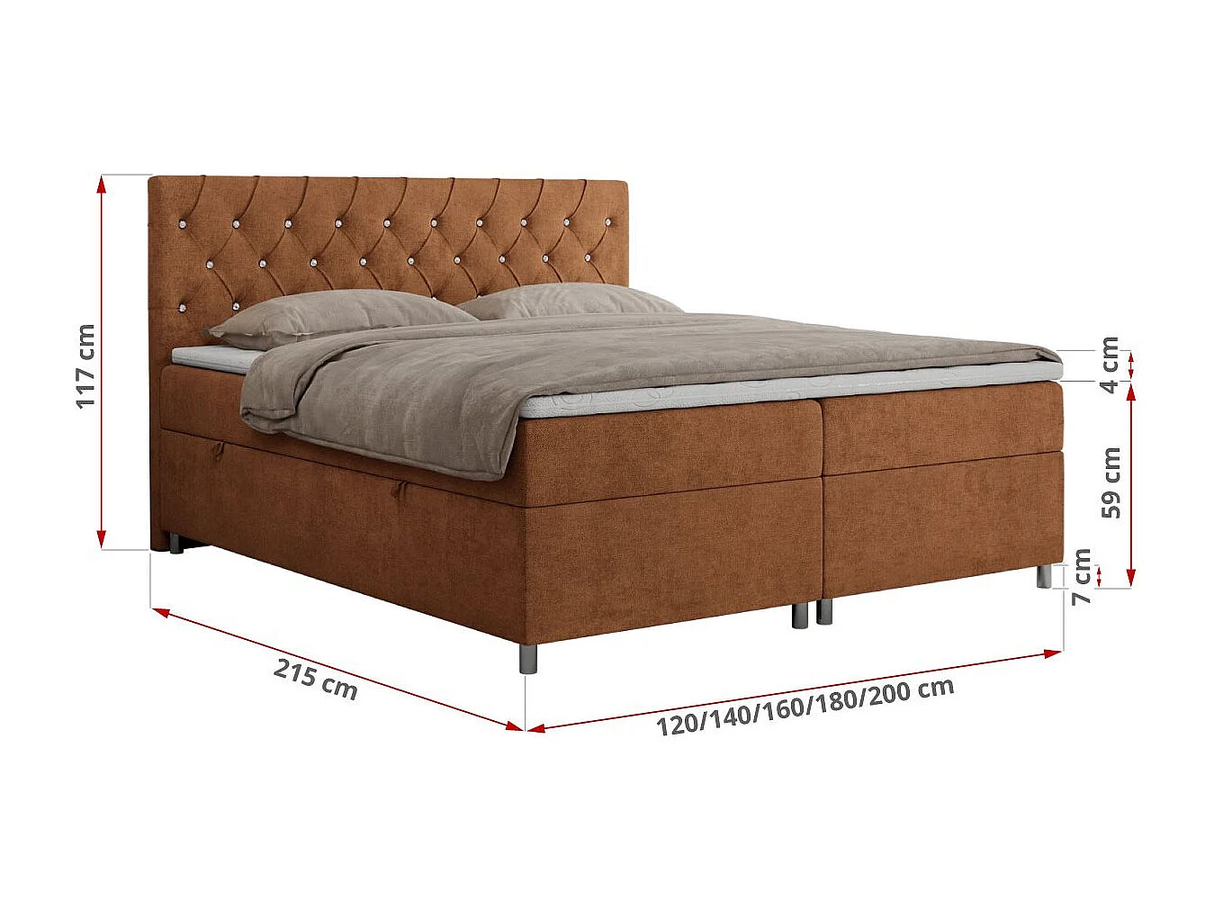Boxspringbett ROMA mit gestepptem Kopfteil, Multipocket-Matratze, dekorative Füße - 140x200 cm - H3 - Orange Strukture
