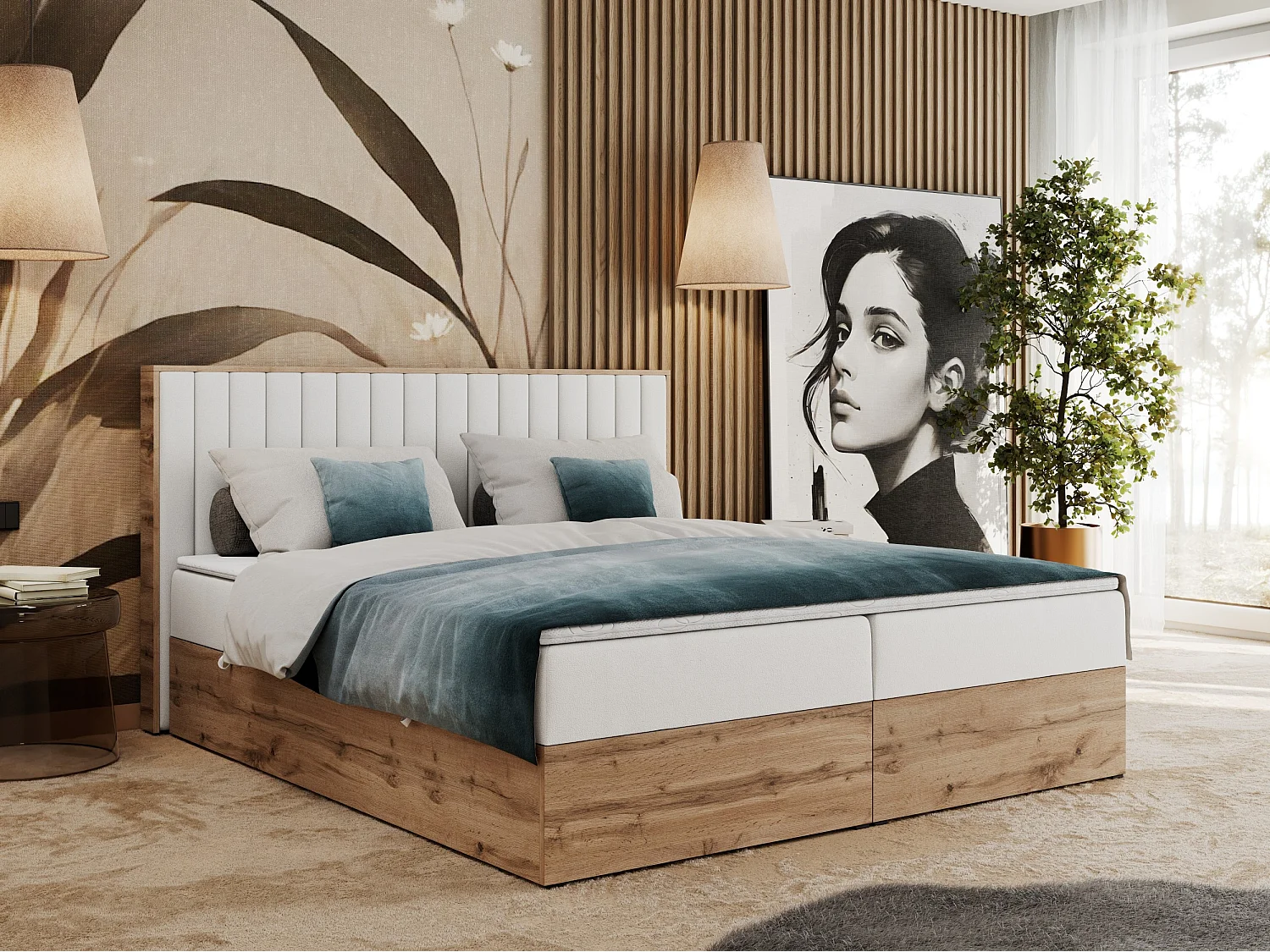 Boxspringbett ALBERO 4, Eiche Wotan Holzrahmen, mit Stauraum, genähtes Kopfteil - 200x200 cm - H4 - Weiß Kunstleder