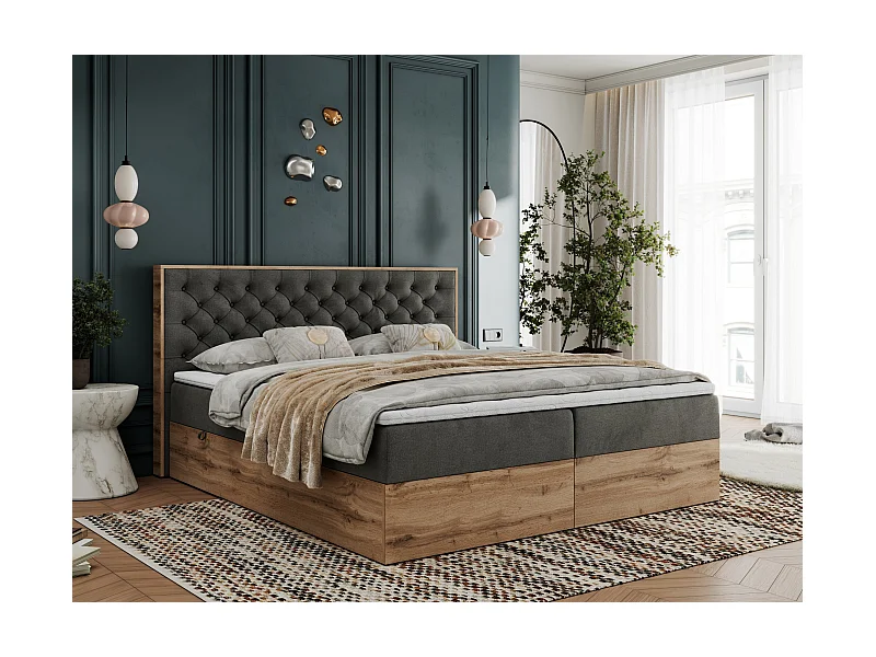 Boxspringbett ALBERO 3 - gesteppte Kopfstütze, Eiche Wotan Holzrahmen, Stauraum - 160x200 cm - H3 - Dunkelgrau Velvet