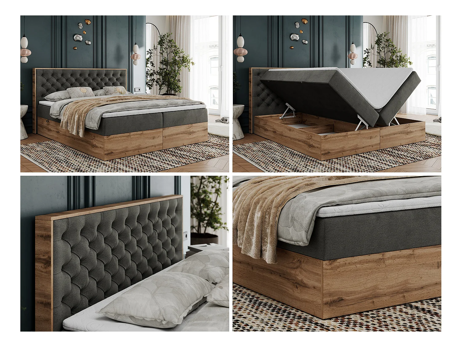 Boxspringbett ALBERO 3 - gesteppte Kopfstütze, Eiche Wotan Holzrahmen, Stauraum - 160x200 cm - H3 - Dunkelgrau Velvet