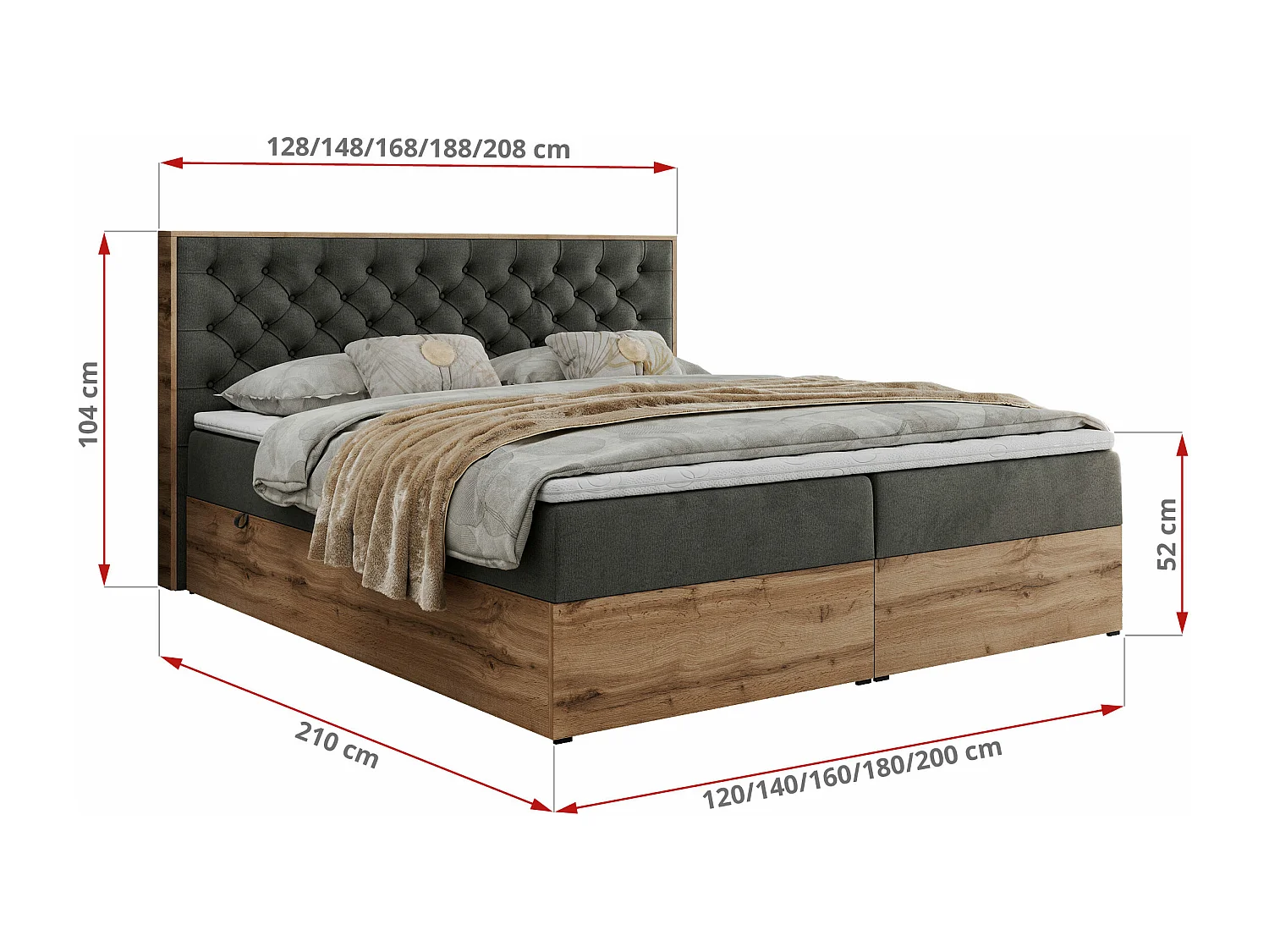 Boxspringbett ALBERO 3 - gesteppte Kopfstütze, Eiche Wotan Holzrahmen, Stauraum - 160x200 cm - H3 - Dunkelgrau Velvet
