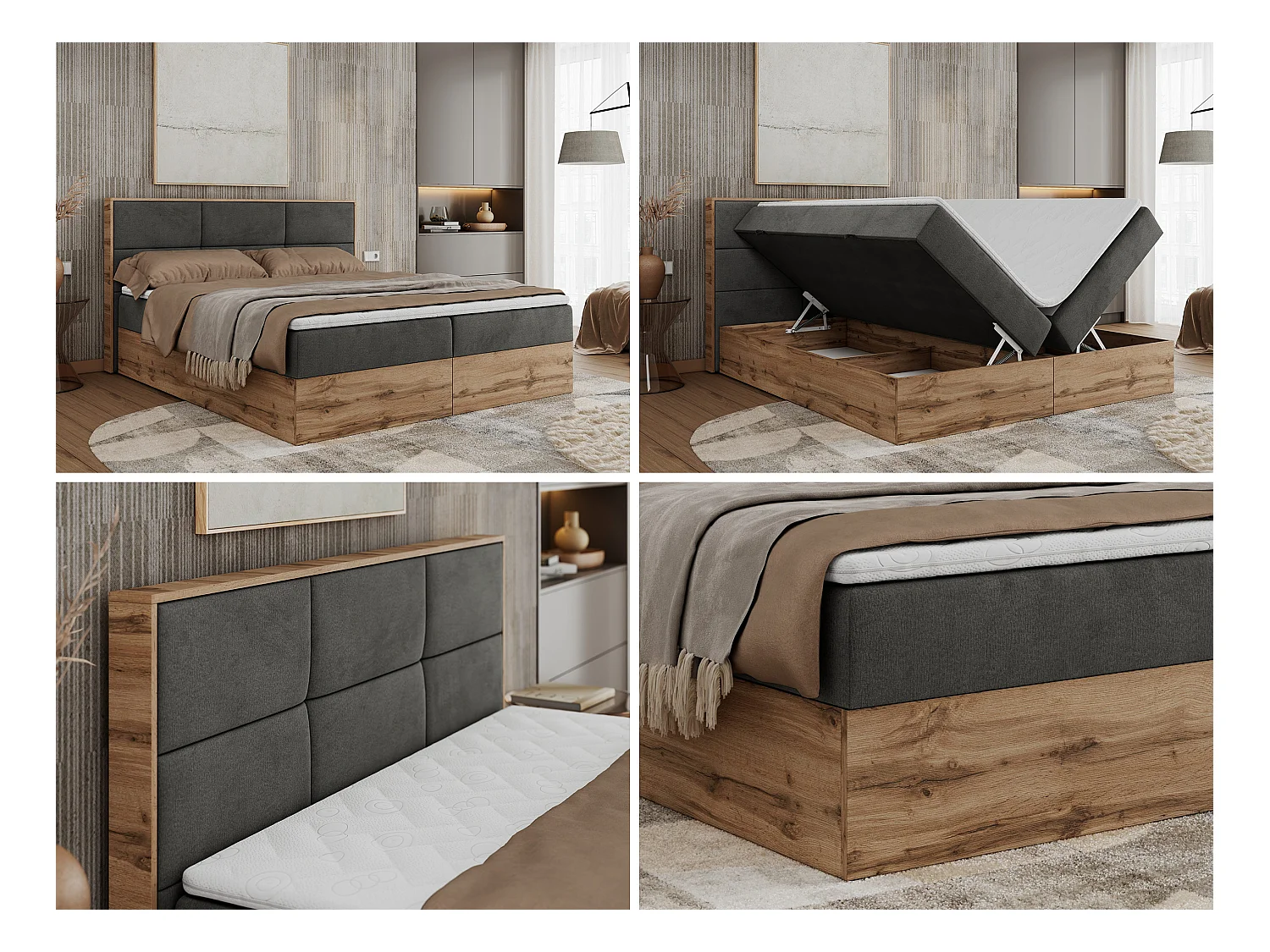 Boxspringbett ALBERO 2 mit Topper und Multipocket-Matratze, Stauraum, Holzrahmen - 140x200 cm - H4 - Dunkelgrau Velvet