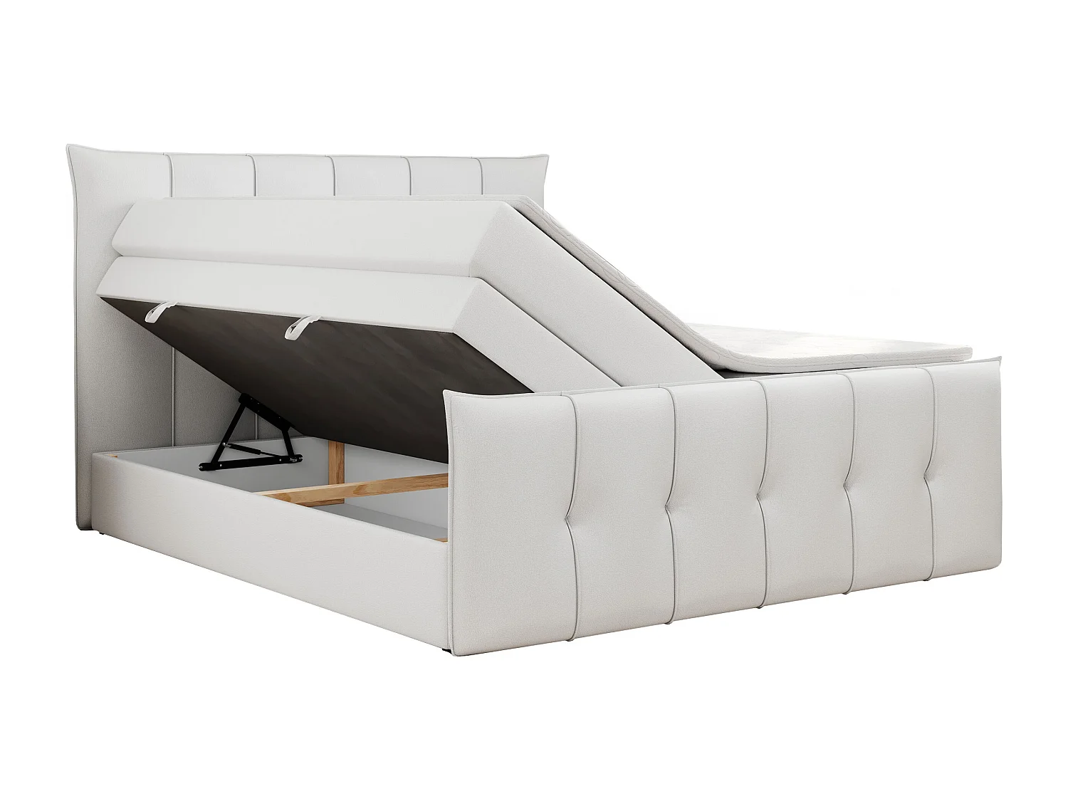 Boxspringbett PREMIUM 11 KING mit Stauraum, gestepptes Kopfteil, zwei Multipocket-Matratzen - 180x200 cm - H3 - Weiß Kunstleder