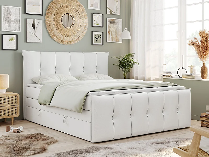 Boxspringbett PREMIUM 11 KING mit Stauraum, gestepptes Kopfteil, zwei Multipocket-Matratzen - 180x200 cm - H3 - Weiß Kunstleder