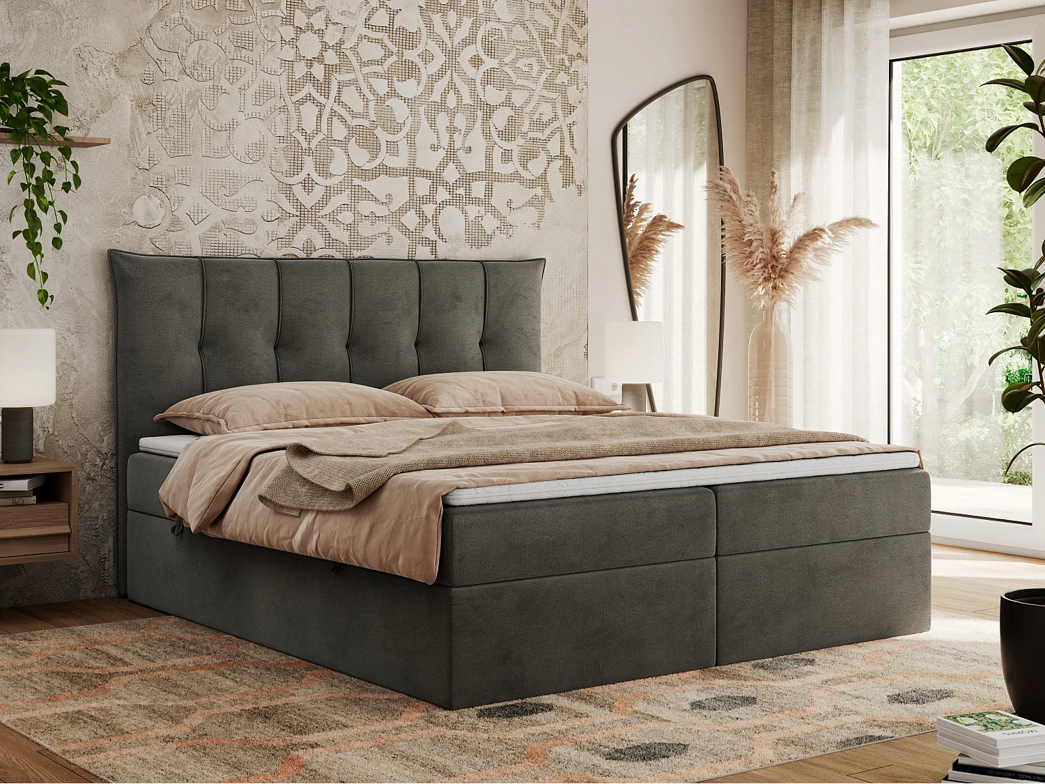 Boxspringbett PREMIUM 10 mit Multipocket-Matratze, gesteppte Kopfstütze, zwei Bettkästen - 160x200 cm - H4 - Dunkelgrau Velvet