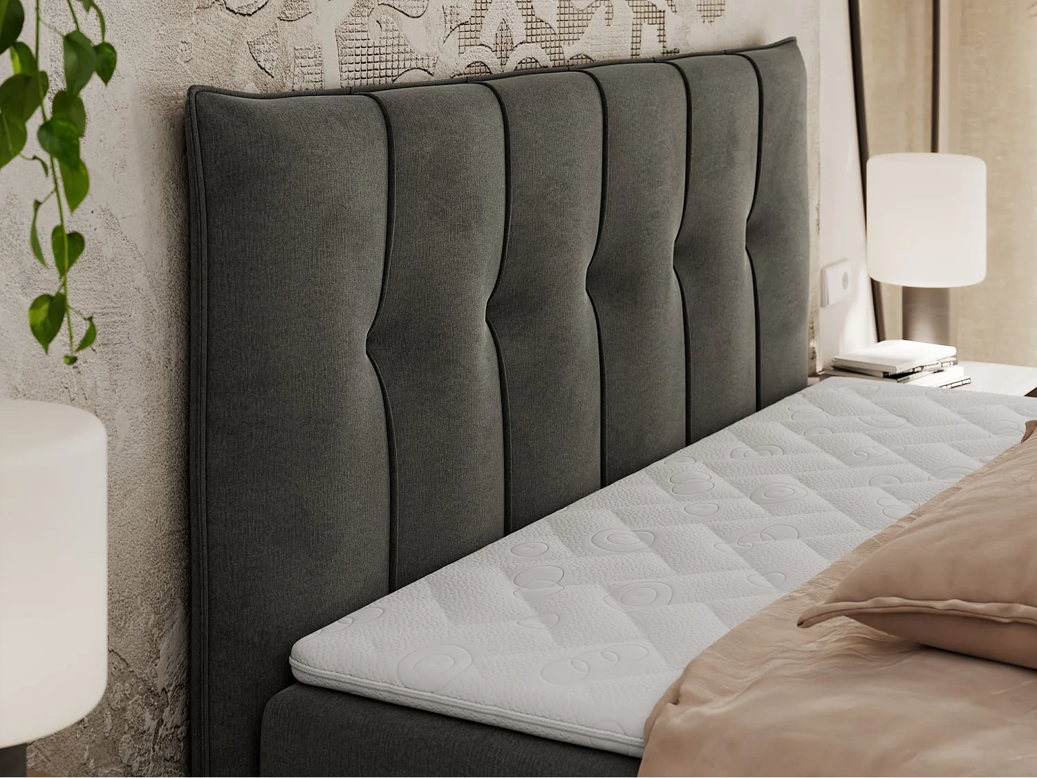 Boxspringbett PREMIUM 10 mit Multipocket-Matratze, gesteppte Kopfstütze, zwei Bettkästen - 160x200 cm - H4 - Dunkelgrau Velvet