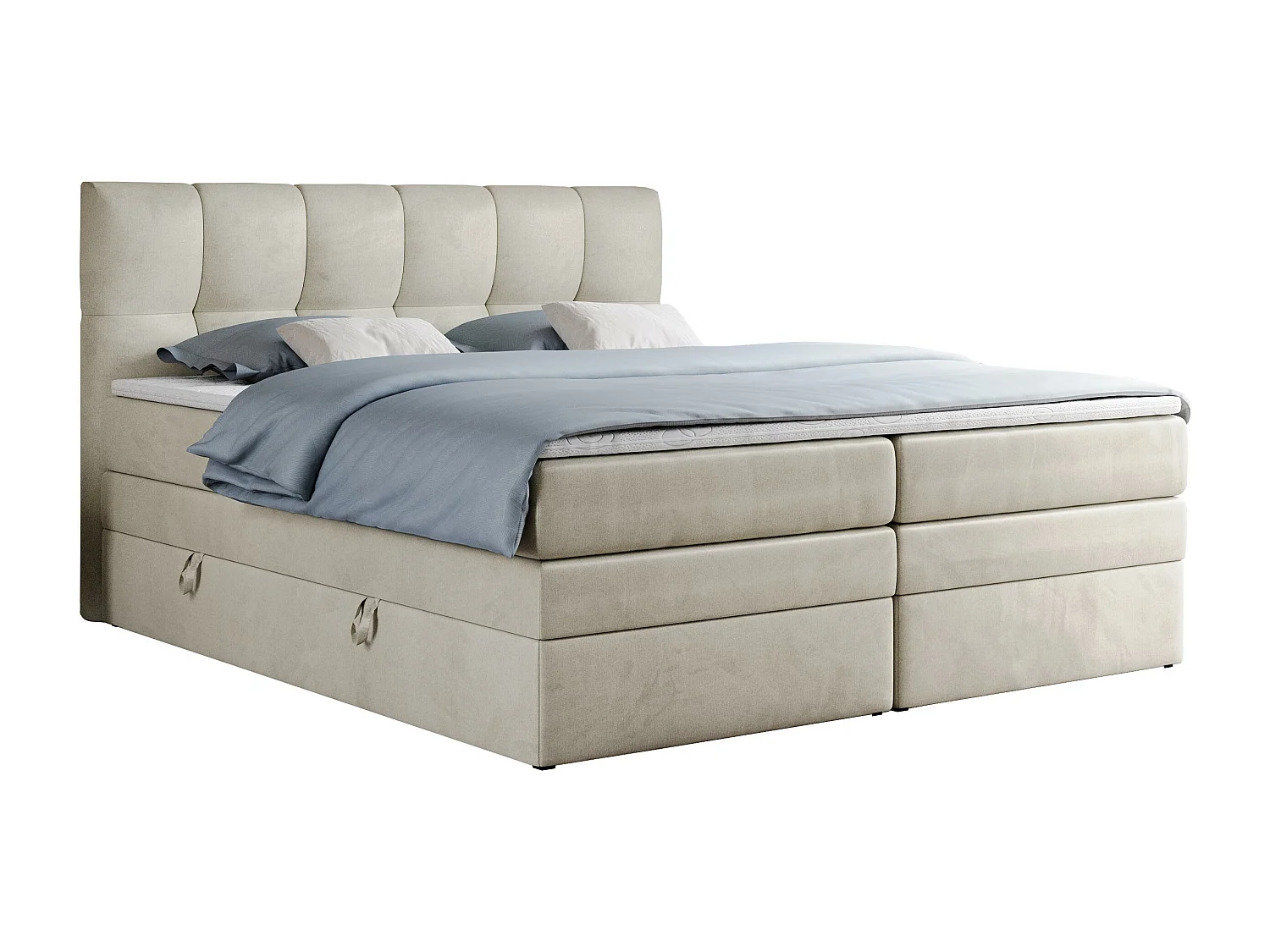 Boxspringbett ALVIN KING, mit zwei Multipocket-Matratzen, Bettkästen, genähtes Kopfteil - 200x200 cm - H3 - Beige Velvet