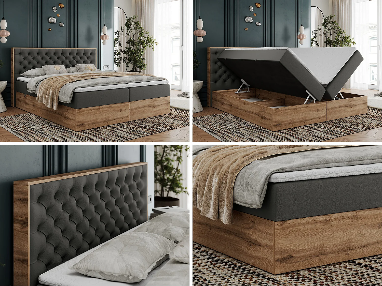 Boxspringbett ALBERO 3 - gesteppte Kopfstütze, Eiche Wotan Holzrahmen, Stauraum - 120x200 cm - H3 - Dunkelgrau Kunstleder