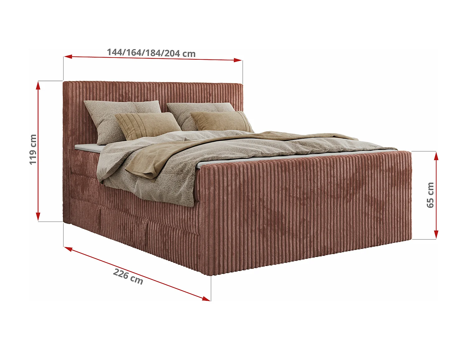 Boxspringbett TILIANO KING DUO, mit zwei Bettkästen, Cord Bett Multipocket-Matratze - 160x200 cm - H4 - Rosa Cord