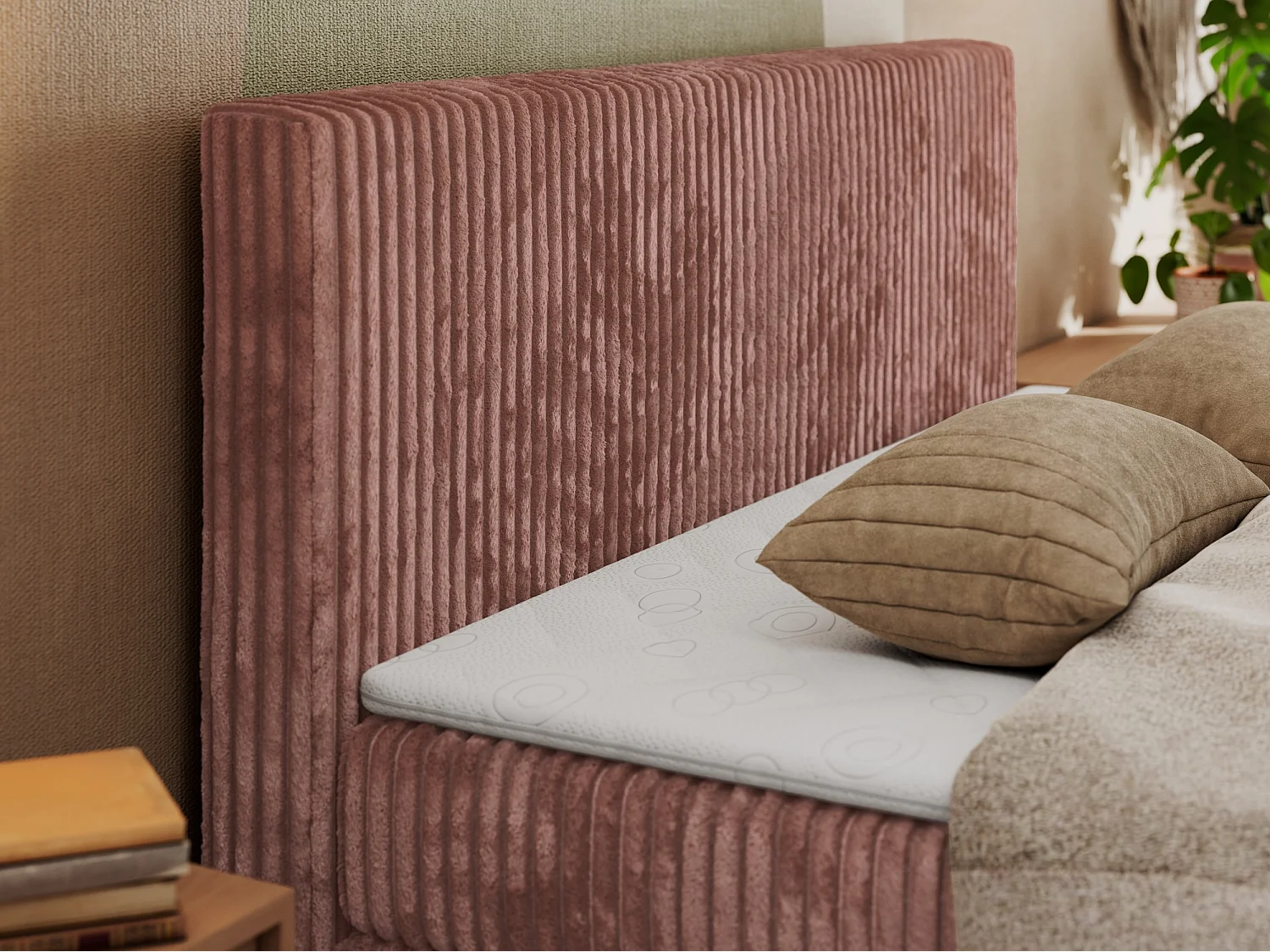 Boxspringbed met hoofdbord H4 + Topper T25 - Roze Ribstof - 160x200 - TILIANO KING DUO