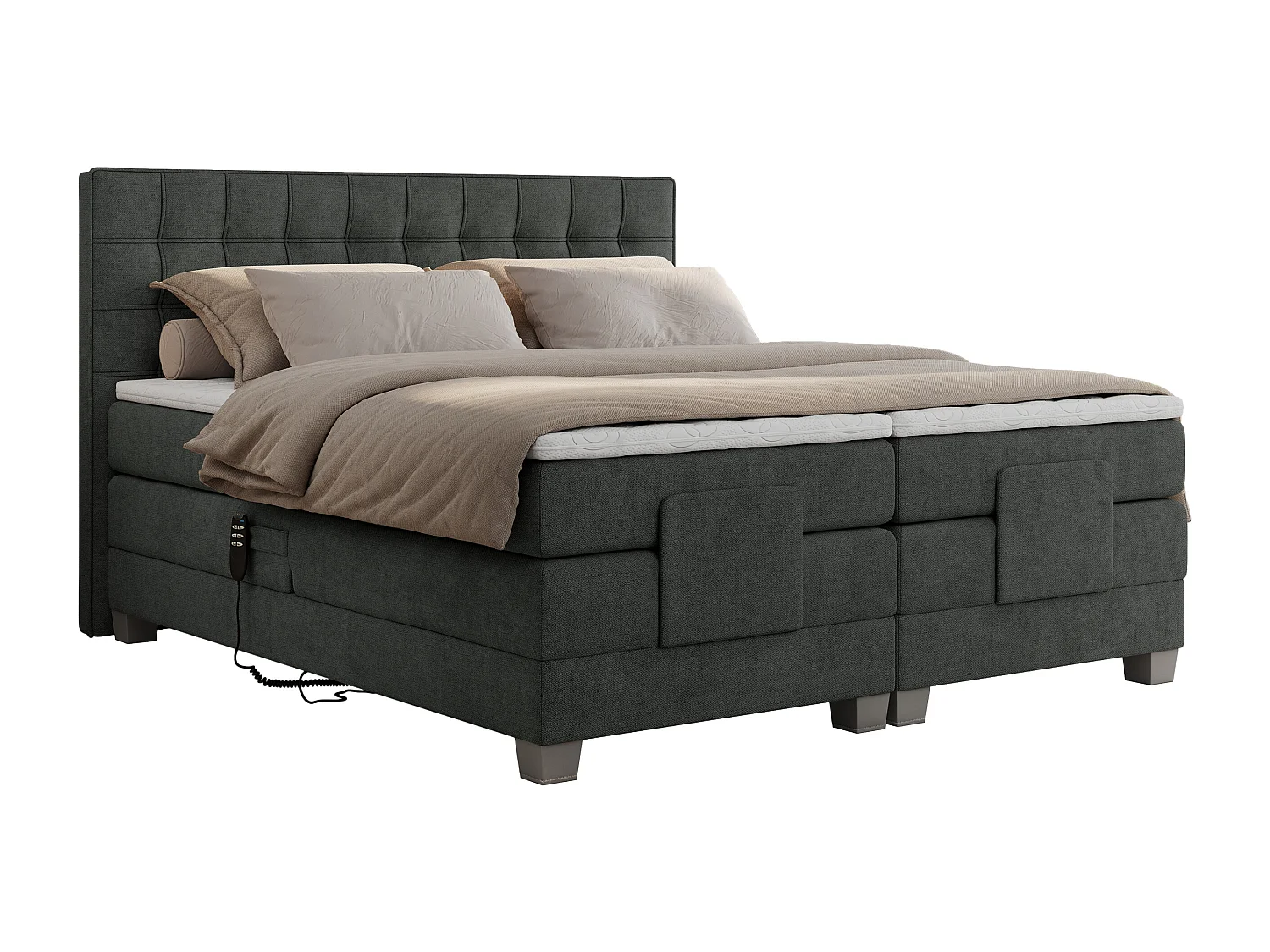 Boxspringbett ELEKTRO mit Multipocket-Matratze, Elektrisch verstellbare, genähtes Kopfteil - 200x200 cm - H4 - Dunkelgrau Strukture