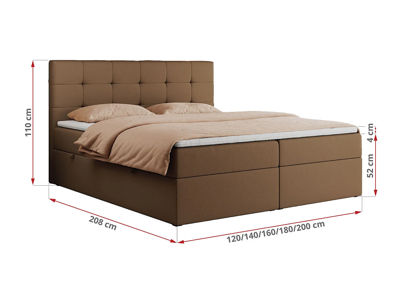 Boxspringbett CENTOS mit gestepptem Kopfteil, Multipocket-Matratze, Doppelbett mit Stauraum - 180x200 cm - H4 - Braun Kunstleder