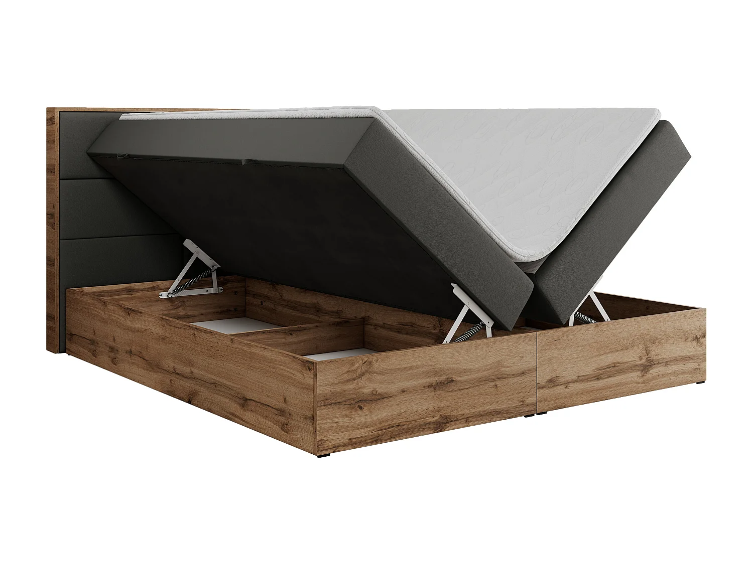 Boxspringbett ALBERO 2 mit Topper und Multipocket-Matratze, Stauraum, Holzrahmen - 120x200 cm - H4 - Dunkelgrau Kunstleder