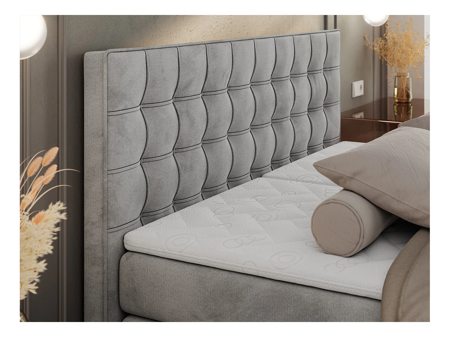 Boxspringbett ELEKTRO mit Multipocket-Matratze, Elektrisch verstellbare, genähtes Kopfteil - 200x200 cm - H4 - Hellgrau Velvet