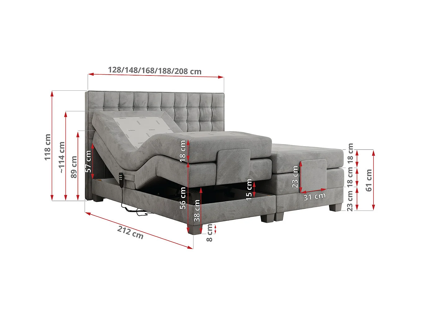 Boxspringbett ELEKTRO mit Multipocket-Matratze, Elektrisch verstellbare, genähtes Kopfteil - 200x200 cm - H4 - Hellgrau Velvet