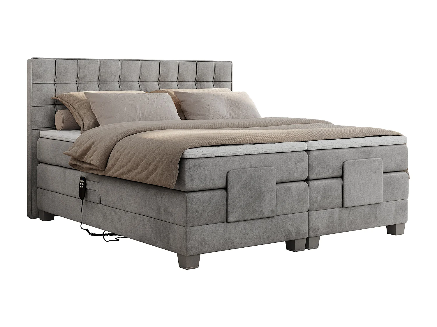 Boxspringbett ELEKTRO mit Multipocket-Matratze, Elektrisch verstellbare, genähtes Kopfteil - 200x200 cm - H4 - Hellgrau Velvet