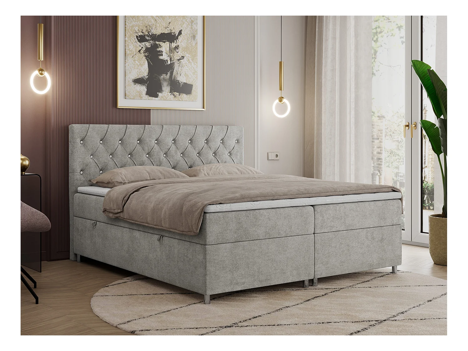 Boxspringbett ROMA mit gestepptem Kopfteil, Multipocket-Matratze, dekorative Füße - 200x200 cm - H4 - Hellgrau Strukture