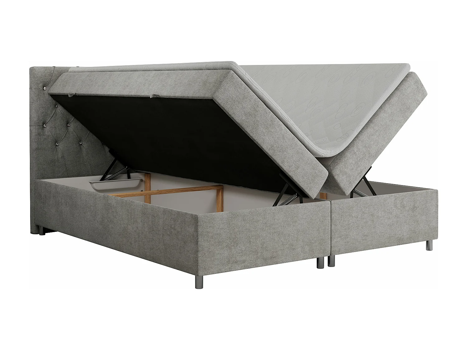 Boxspringbett ROMA mit gestepptem Kopfteil, Multipocket-Matratze, dekorative Füße - 200x200 cm - H4 - Hellgrau Strukture